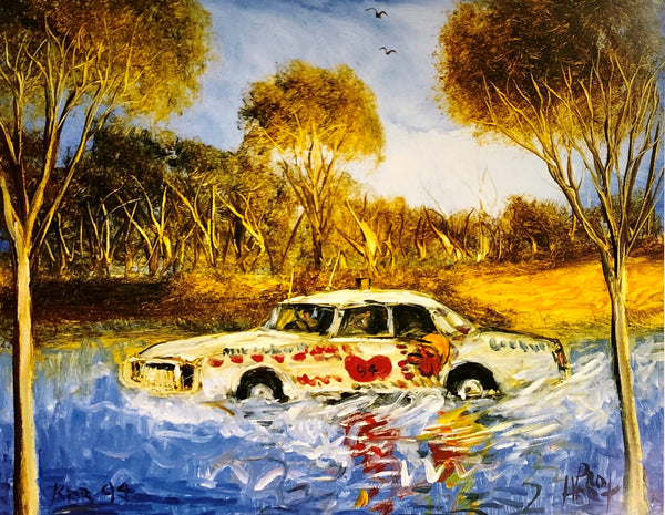 Pro Hart Signed Print - Outback Rally Car in Creek