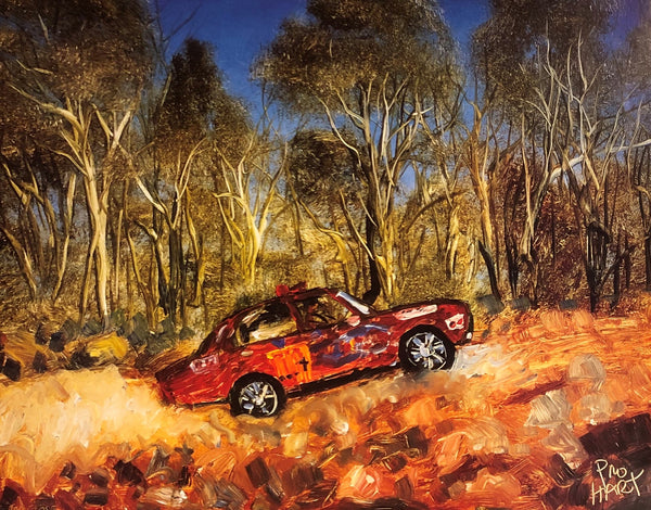 Pro Hart Signed Print - Red Outback Rally Car in Mud